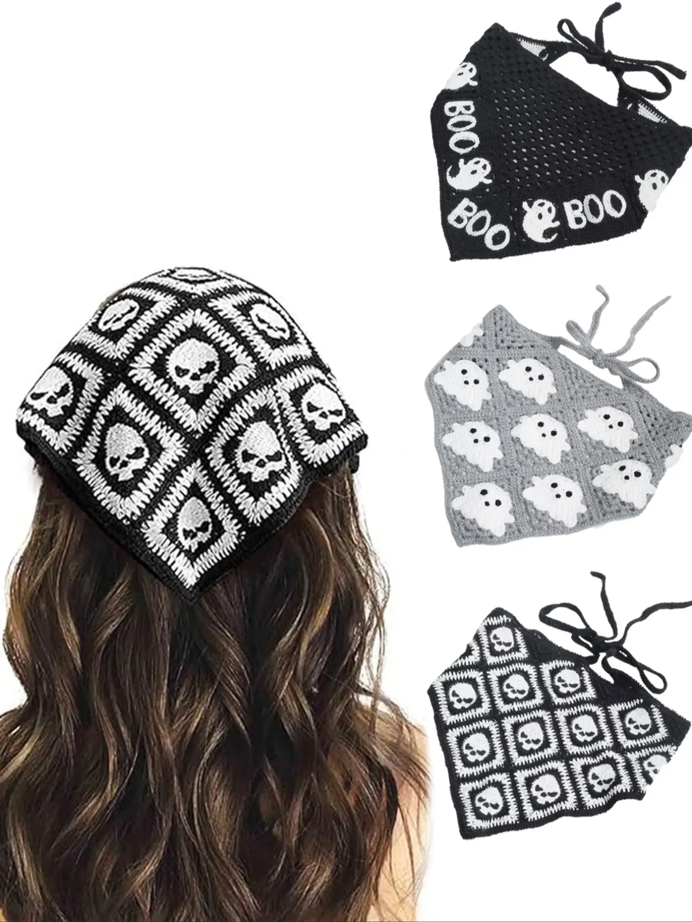 Halloween Knitted Creepy Skull Ghost Headband Set, 3-Piece Triangular Scarf Hair Band, Daily Versatile Decorative Accessory for Parties & Commuting, Party Event Props, Party Supplies, Party Favor, Party Accessories
