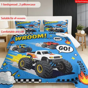 TikTok Made Me Buy It! Boys' Favorite Monster Truck Bedding 3Pcs Set | 1 Bedspread & 2Pillowcases, Racing Car Theme, Perfect Gift for Kids