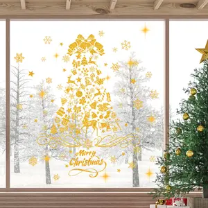 Set of 9 Hand-Drawn Gold Foil Christmas Tree Stickers, Static Cling Decorations for Living Room & Bedroom Windows, 20x30cm