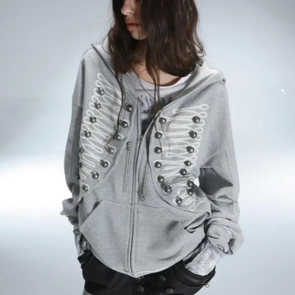 Women Grey Zip Up Hoodie Military Braided Button Decor Oversized Grunge Streetwear Hooded Jacket
