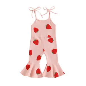 REDWOON Toddler Girl Bell Bottom Jumpsuit Strawberry Print Romper Baby Spaghetti Straps Overalls Flare Pant Kid Playsuit
