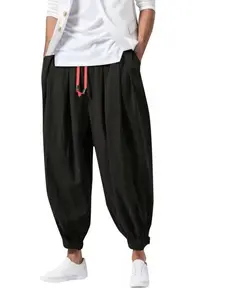 Men's Loose Plain Cotton Linen Long Pants, Breathable Fabric, Drawstring Elastic Waist, Casual Summer Trousers, Comfortable and Stylish, Casual Fashion Bottoms