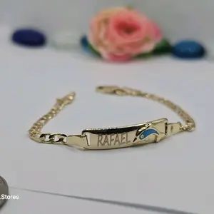 ID BRACELET blue dolphin  figaro Style 6"inches gold-plated ENGRAVING AVAILABLE leave a note with your name
