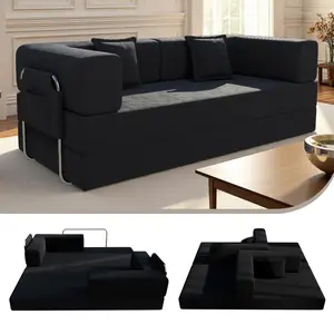 Foldable sofa bed with 2 cylindrical pillows, comfortable and compressible folding sofa bed with a fixed frame, floor-standing sofa lounge chair, suitable for living room, bedroom, lounge, and studio (Black)