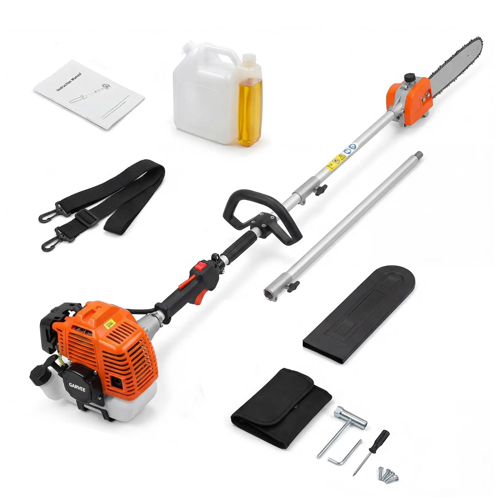 52CC Gas Pole Saw, 12-Inch Bar, 9.5FT Reach, Auto Oiler | 8-Second Cutting, 65% Less Vibration, Quick-Release Coupling, Auto Chain Oiling, Shoulder Strap, Full Accessory Kit