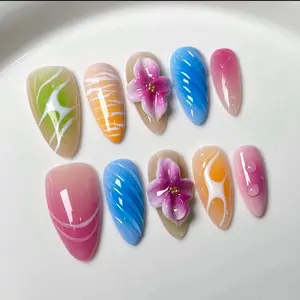 Handmade Acrylic Press On Nails - Assorted Designs with Colorful Accents and Floral Elements