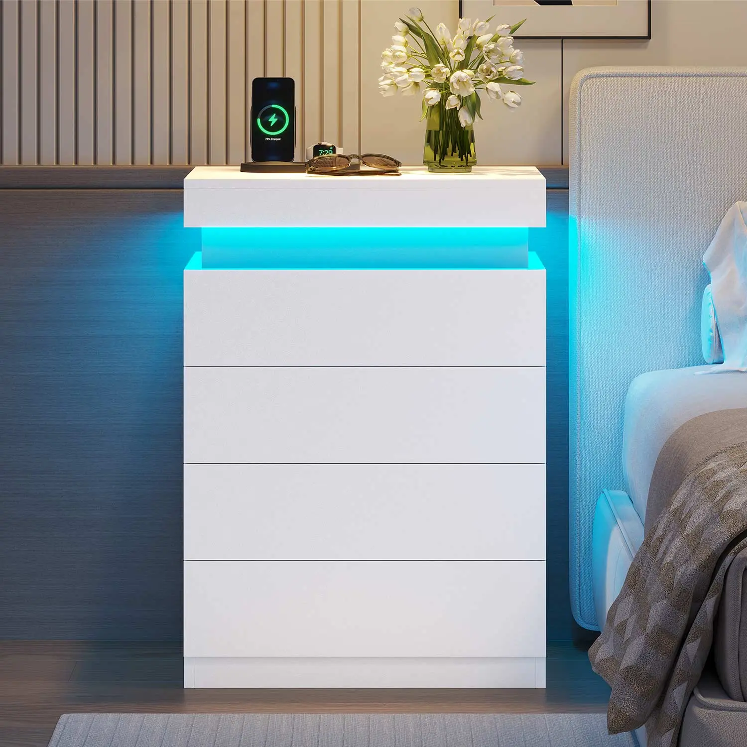 SIKAIC White Modern Engineered Wood Bedroom Nightstand - 4-Drawer Bedside Modern Accent Table, Sliding Top, RGB LED Lights for Indoor Furniture Use, Modern Accent Tables