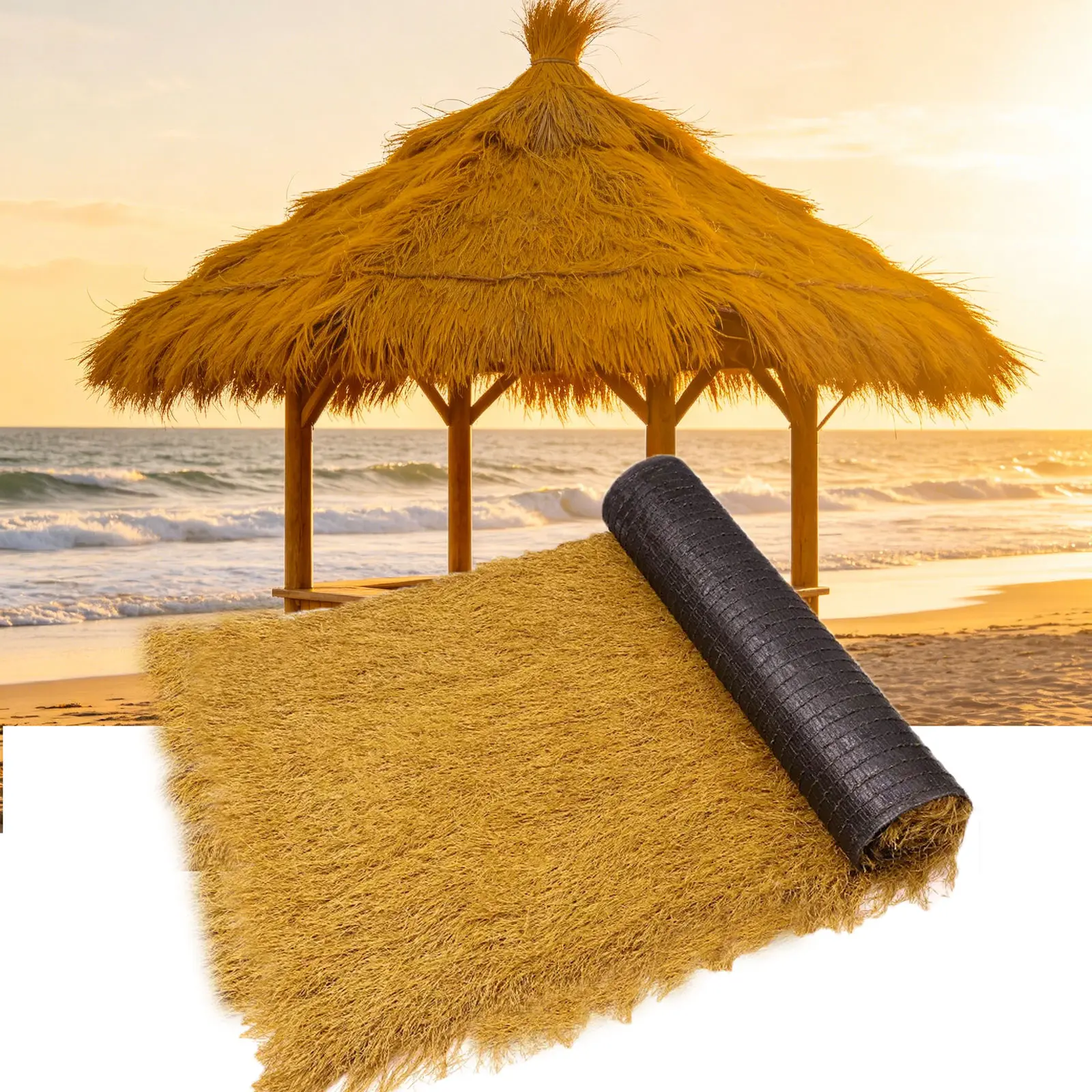 Sunshine Yellow Outdoor Synthetic Thatch Roof Roll, 65.6ft Multi-Size Pack, UV-Resistant Waterproof Palm Roofing for Tiki Bar, Garden Decor, 0-Maintenance