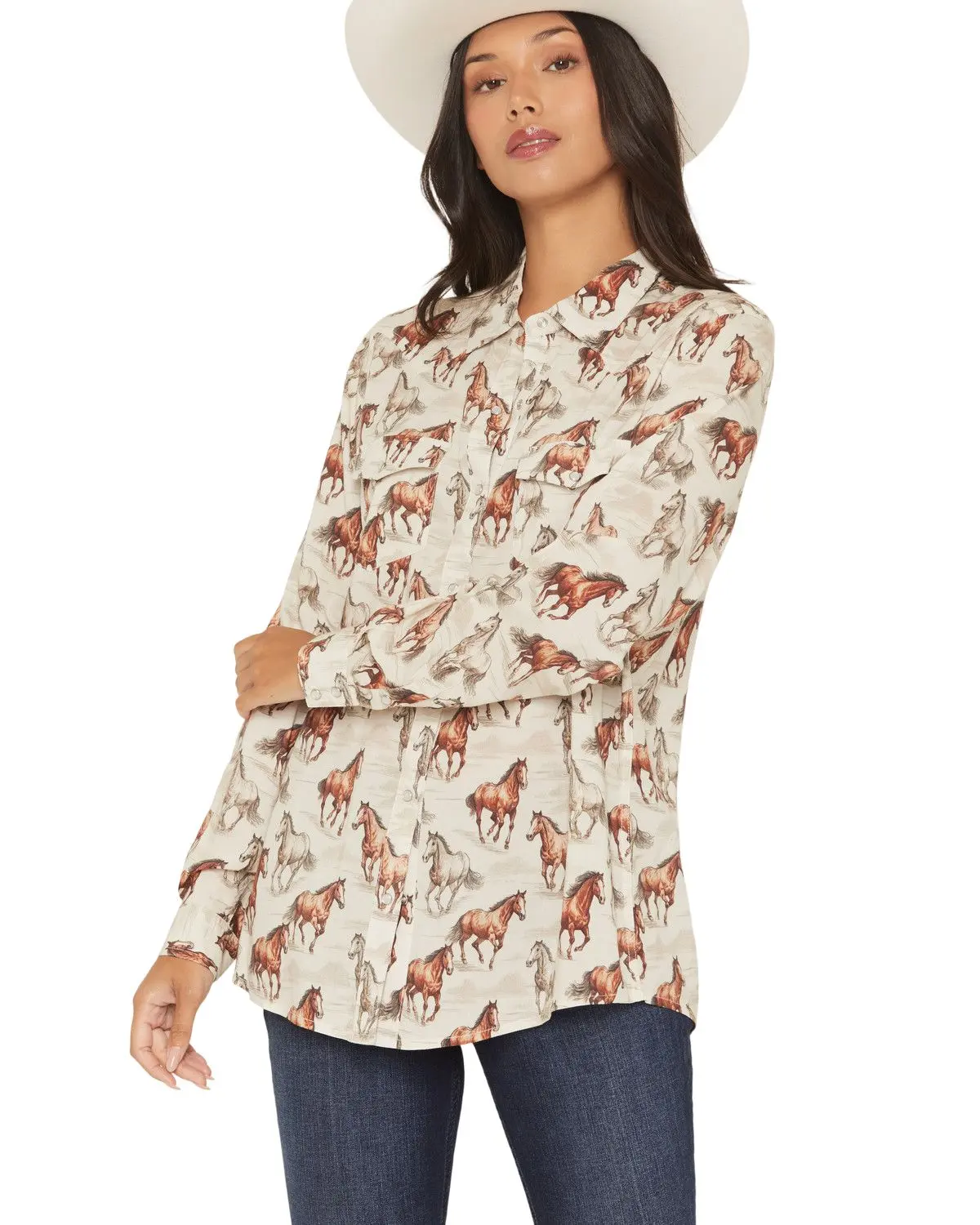 Panhandle Women's Slim Women'S Running Horse Long Sleeve Snap Western Shirt - Lwn2s07920