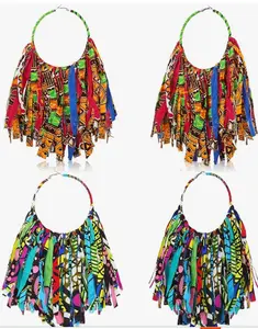 2 Pairs African Fabric Tassel Earrings Ankara Fringe Hoop