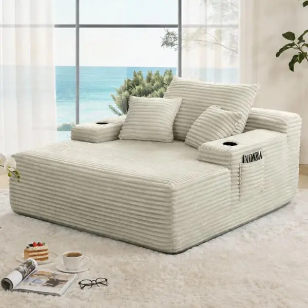 Oversized Chaise Lounge Chair with Cup Holders and Pockets, Corduroy Single Sleeper Couch with 3 Pillows, Upholstered Boneless Sofa Comfy Reading Chair for Living Room Bedroom (Beige)