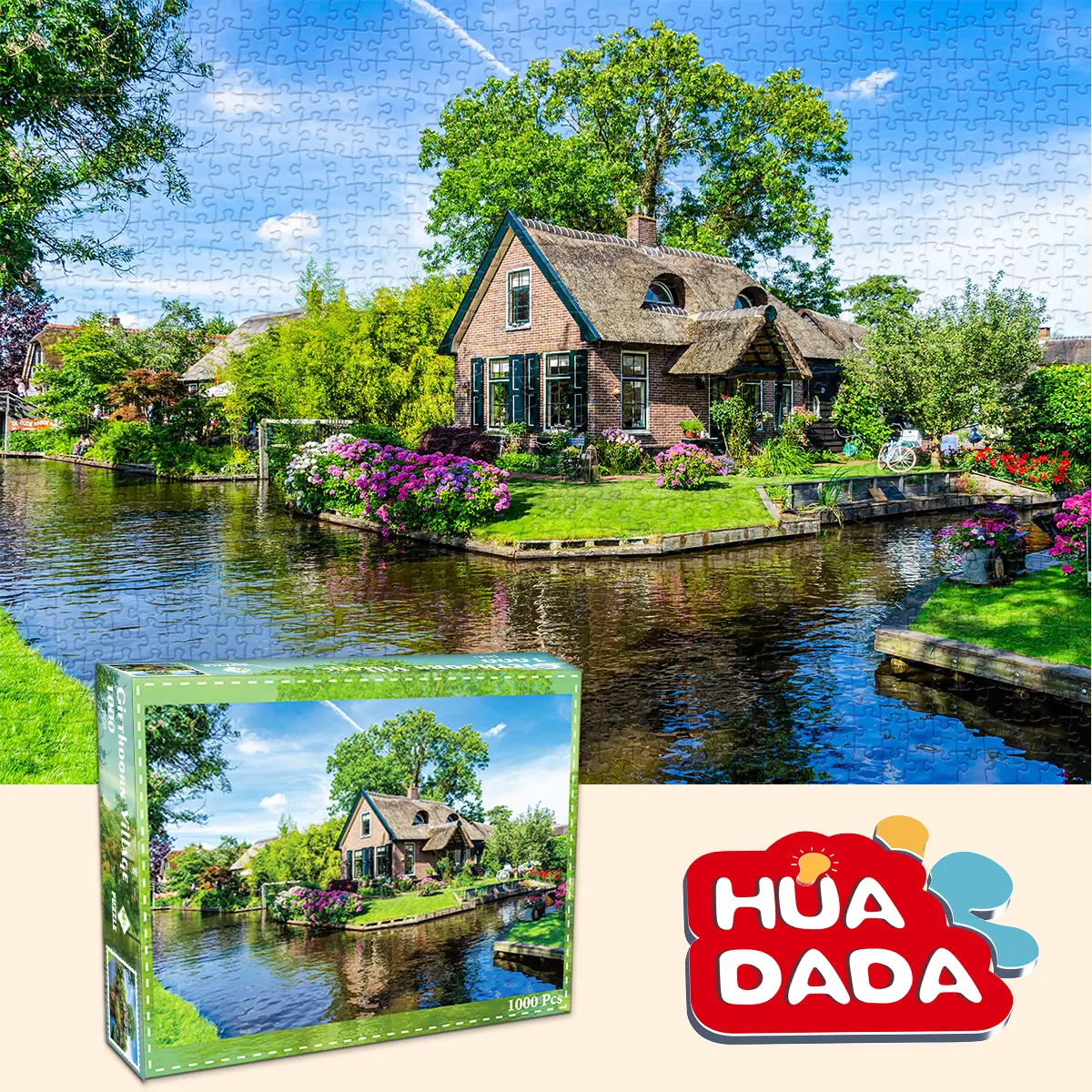 HUADADA 1000 Adult Puzzle Game "Giethoorn Village", Festival Gifts Home Decoration, Family Games, Grandparents Brainstorming jigsaw puzzle