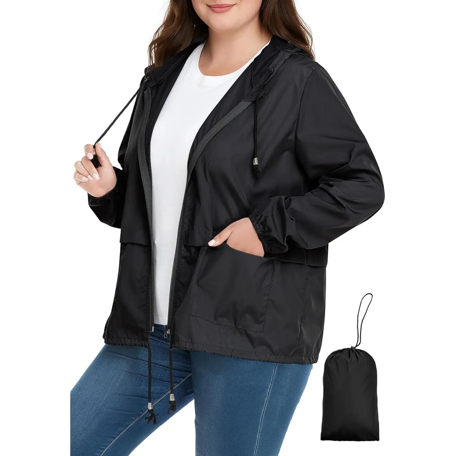 Women's Plus-Size Waterproof Rain Jacket - Chic, Lightweight, Adjustable Solid-Style Hooded Windbreaker with Custom Fit, Packable for Outdoor Travel, Coat, Tops