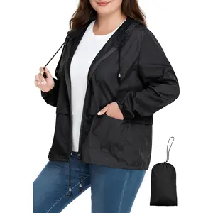 Plus Size Waterproof Rain Jacket for Women-Lightweight Packable Hooded Windbreaker Travel Rain Coat