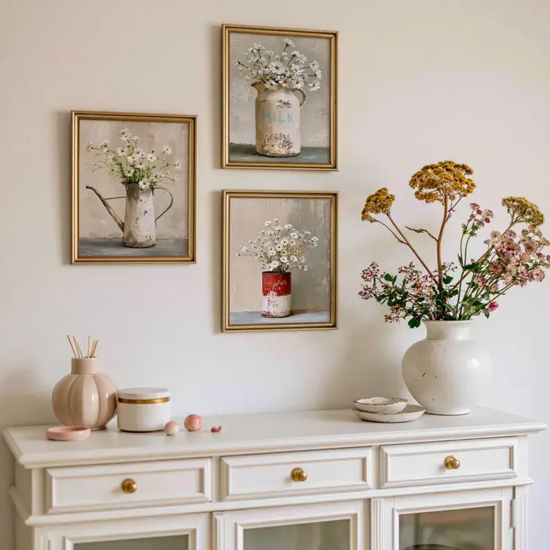Set of 3 Floral Painting Prints, Farmhouse Gallery Wall Art, Rustic Neutral Cottagecore Decor
