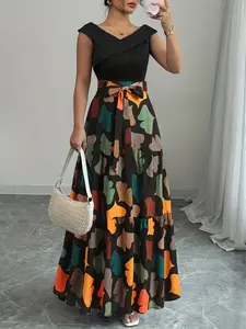 Elegant Women's Fitted Patchwork Leaf Print Maxi Dress, V Neck Waist Cinching, High-End Fashion, Pocket Design, Casual & Formal Wear