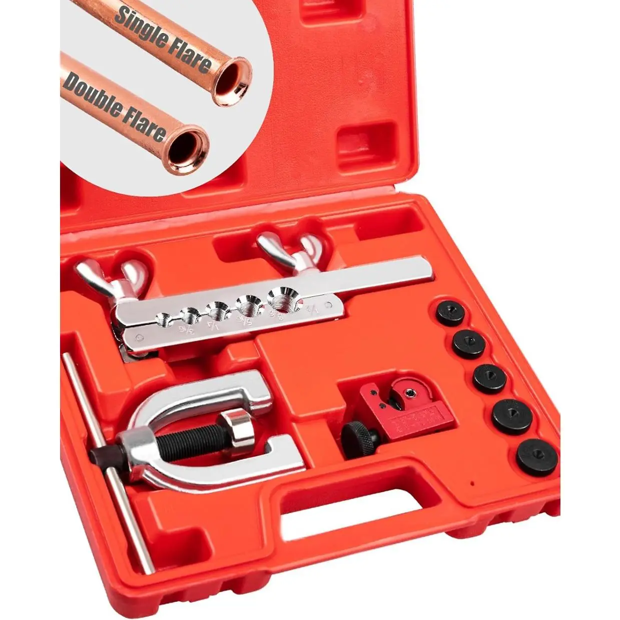 Brake Line Double & Single Flaring Tool Kit With Tubing Cutter, Brake Line Repair Kit For Copper, Aluminum, Brass Tubing. Flare Tool Kit Includes 5 Adapters, 45 Degrees