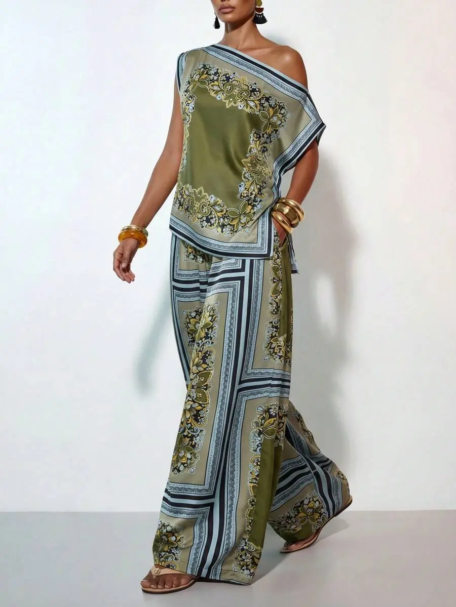 Women's Bohemian 2-Piece Pants Set, Floral Print Asymmetrical Batwing Top and Matching Loose Fit Long Pants, Polyester Elastane Outfit for Ramadan Holiday, Batwing Tops, Boho Clothes For Women, Clothing Sets Women Going Out