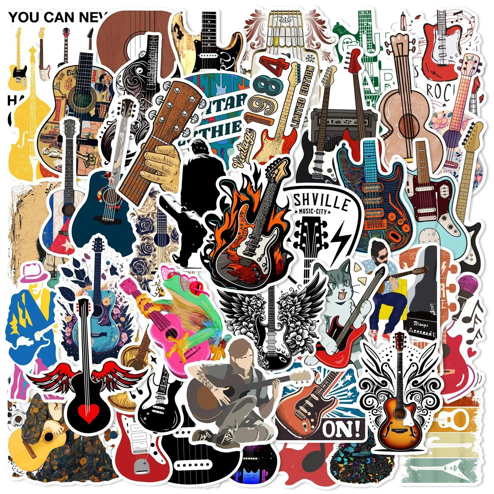 Guitar Pattern Sticker, 50pcs/set Waterproof Self Adhesive Decor Paper, Decor Sticker for Gift Greeting Card Water Bottle Laptop Phone
