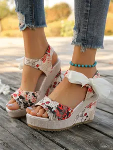 Women's Bow Heeled Thick Sole Sandals, Floral Print Design, Breathable Toe Open, Fashion Comfort, Casual Summer Shoes for Daily Wear