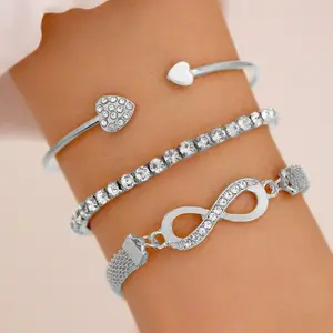 New ins-style women's heart-shaped open bracelet with creative design, vintage and simple lucky figure 8 bracelet 3-piece set, not easy to fade