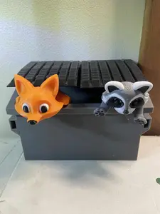 3D Printed Dumpster Bandits Set – Raccoon, Fox & Mini Dumpster | Cute Trash Panda Decor | Funny Desk Buddy