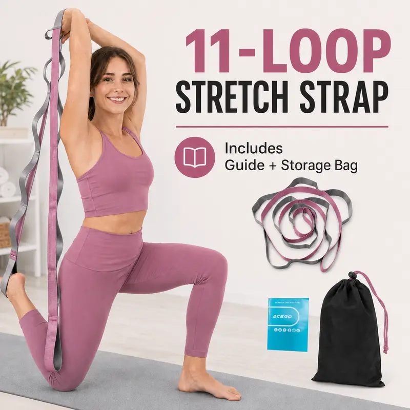 11-Loop Yoga Stretch Strap, Non-Elastic 86.6 x 1.5 in Multi-Loop Strap for Yoga, Pilates, Dance and Flexibility Practice, Hamstring, Leg and Shoulder Stretches