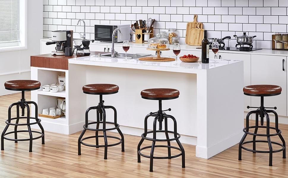 Yaheetech Industrial Bar Stool Vintage Counter Height Stool with Round Faux Leather Seat Adjustable Kitchen Stool 21.5-28 Inch Tall, 1PC