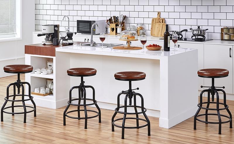 Yaheetech Industrial Bar Stool Vintage Counter Height Stool with Round Faux Leather Seat Adjustable Kitchen Stool 21.5-28 Inch Tall, 1PC