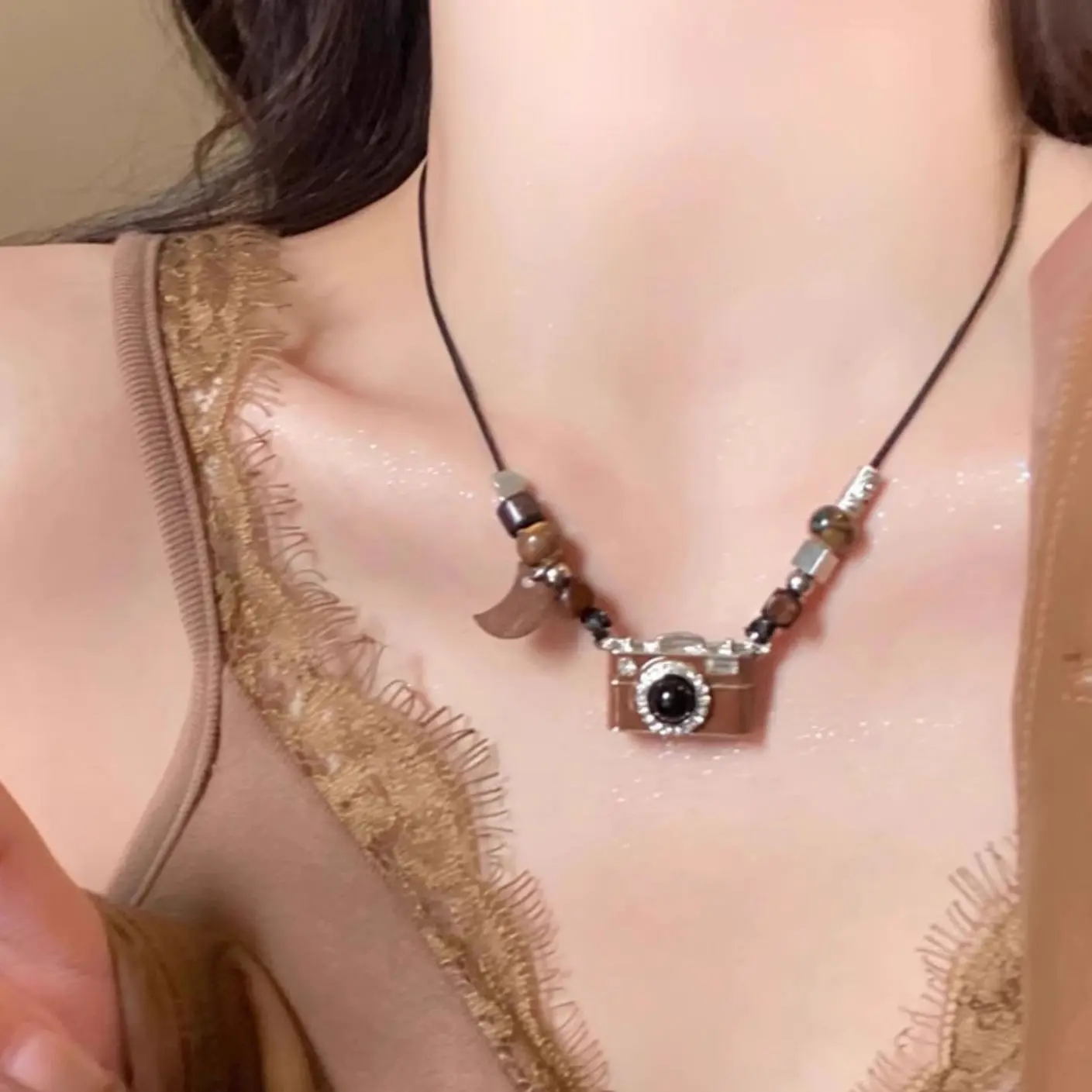 Non Tarnish Retro Camera Pearl Cross Necklace Dainty Y2K Fashion Jewelry for Women
