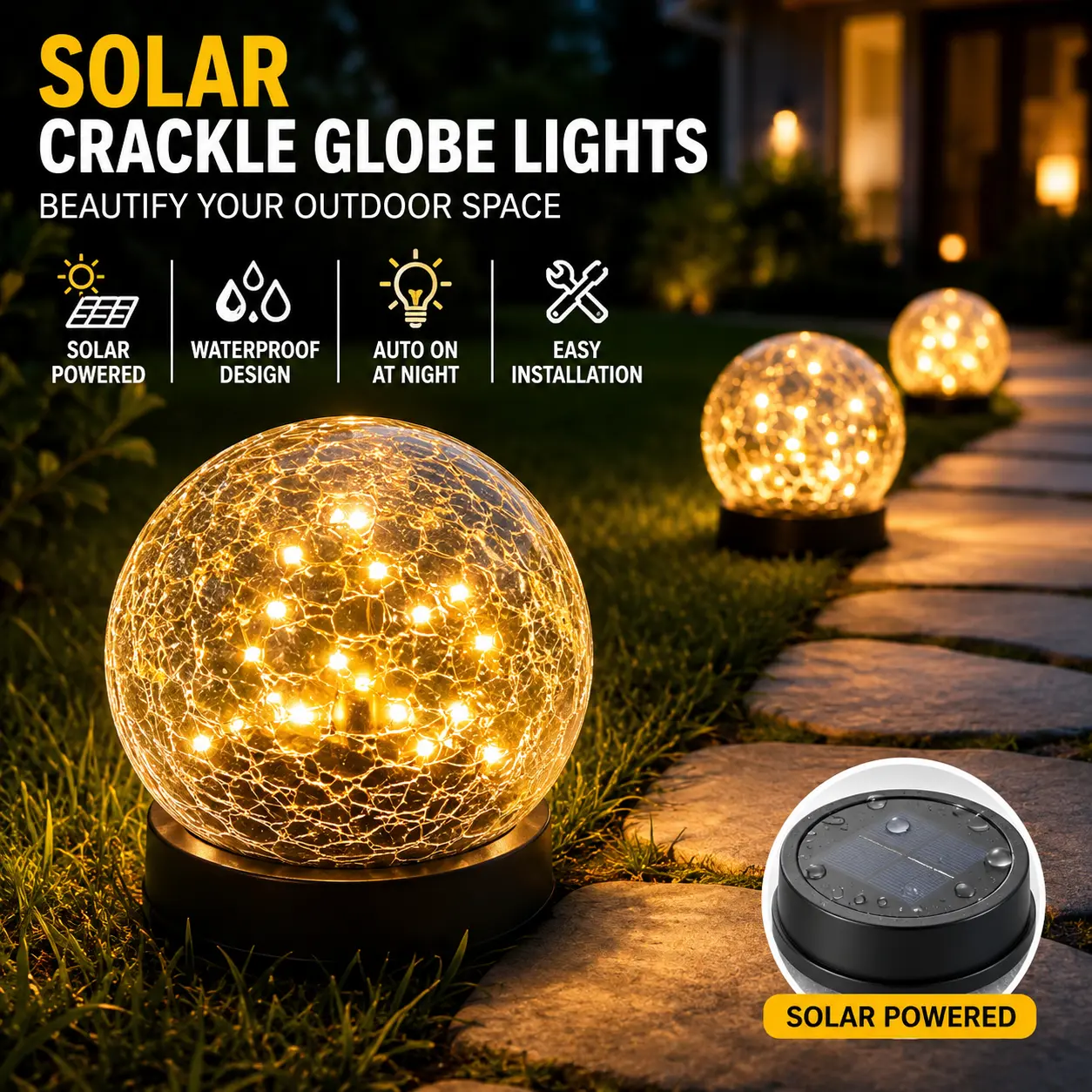 Qawtor Solar Crackle Glass Globe Outdoor Lights, IP65 Waterproof Decorative Lamps, Easy-Installation Home & Garden Lighting for Patio, yd Walkway