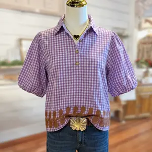 Sagevell 100% Cotton Purple Gingham Puff Sleeve Blouse for Women, Button Front Casual Top with Embroidered Hem, Lightweight Spring Summer Shirt