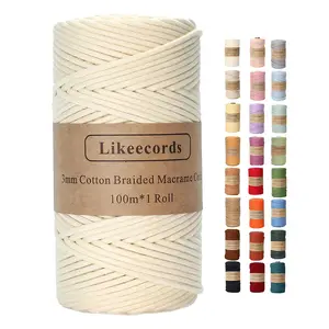 Likeecords Braided Macrame Cotton Cord 3mm x 100m,Macrame Rope, 100% Cotton Rope Macrame String,Colorful Cotton Craft Cord for Bag,Wall Hanging, Plant Hangers, Crafts, Knitting