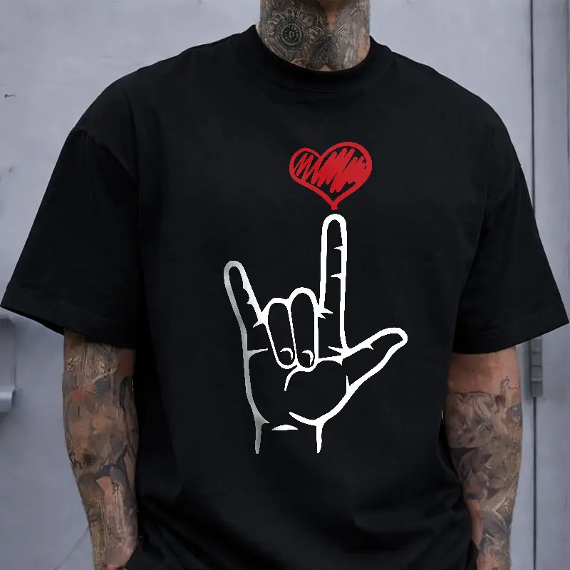 ASL I Love You Sign Language T-Shirt, Heart Graphic Casual Top for Deaf Community