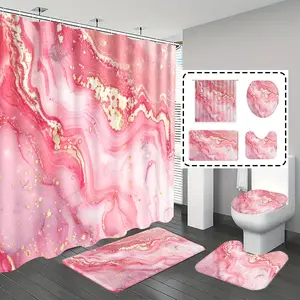 [Popular Choice]1pc/4pcs, bathroom curtains shower, bathroom set, shower curtains, bathroom rug, home decoration, bathroom mat, pink marble pattern, simple and luxurious theme decoration, bathroom set, with 12 hooks.