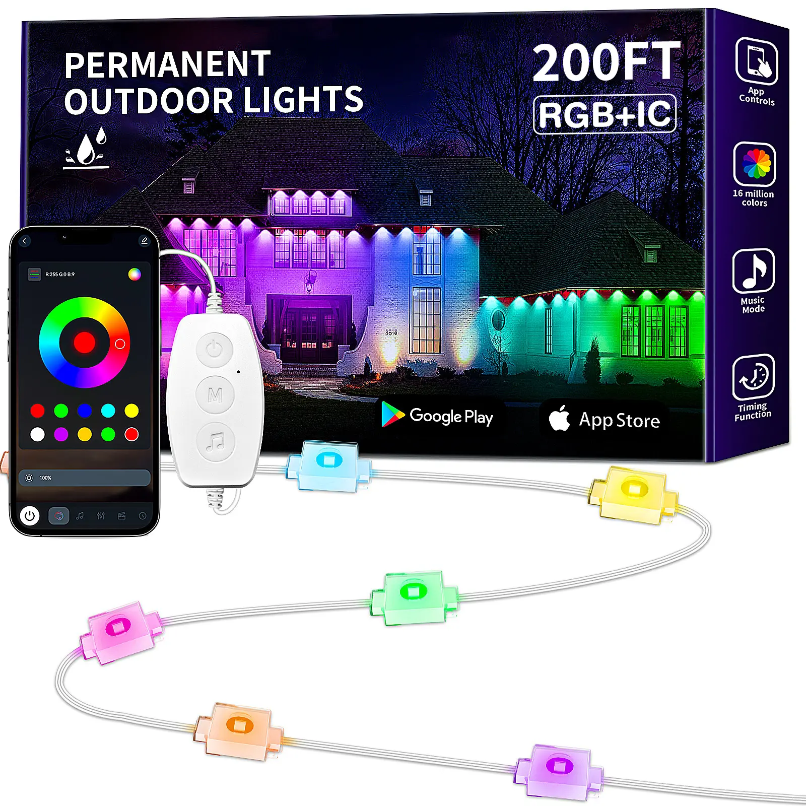 RGB+IC Permanent IP67 Waterproof 200FT 100FT 50FT Outdoor LED Christmas Lights with APP & Remote Control for Home Garden Decoration Patio Lighting, Best Choice for Party, Christmas Gifts