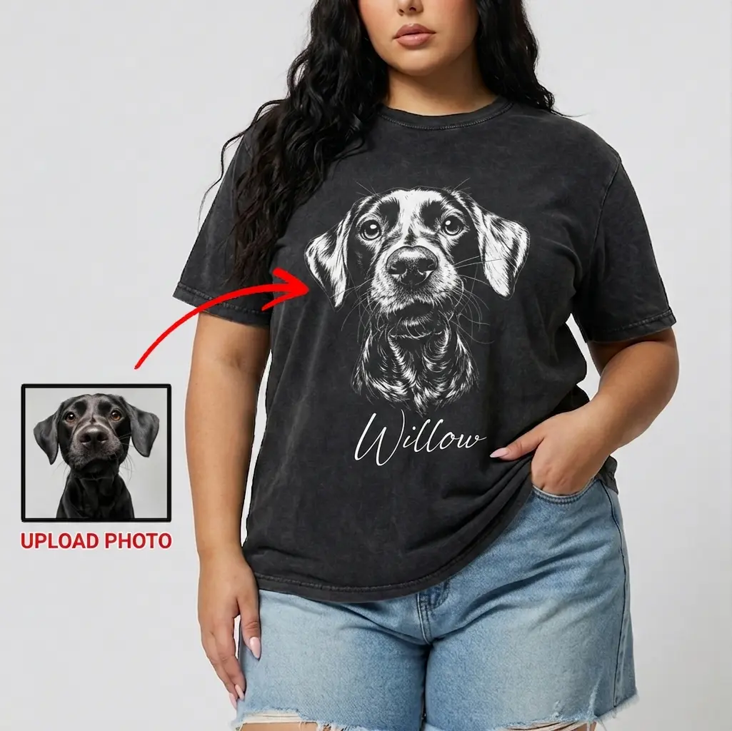 Women's Custom Pet Photo-Name Crew Neck T-Shirt, 3XL Animal Graphic Oversized Comfort Colors Tee, Expandable Personalized Dog-Cat Portrait Memorial Gift Unisex Top