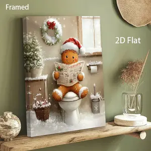 2D flat canvas poster, <Gingerbread Man Reading a Newspaper in the Toilet> Christmas-themed decorative painting, Halloween and Christmas gift, suitable for wall decoration in offices, kitchens, living rooms, and bedrooms, ready to hang and use, 2D f