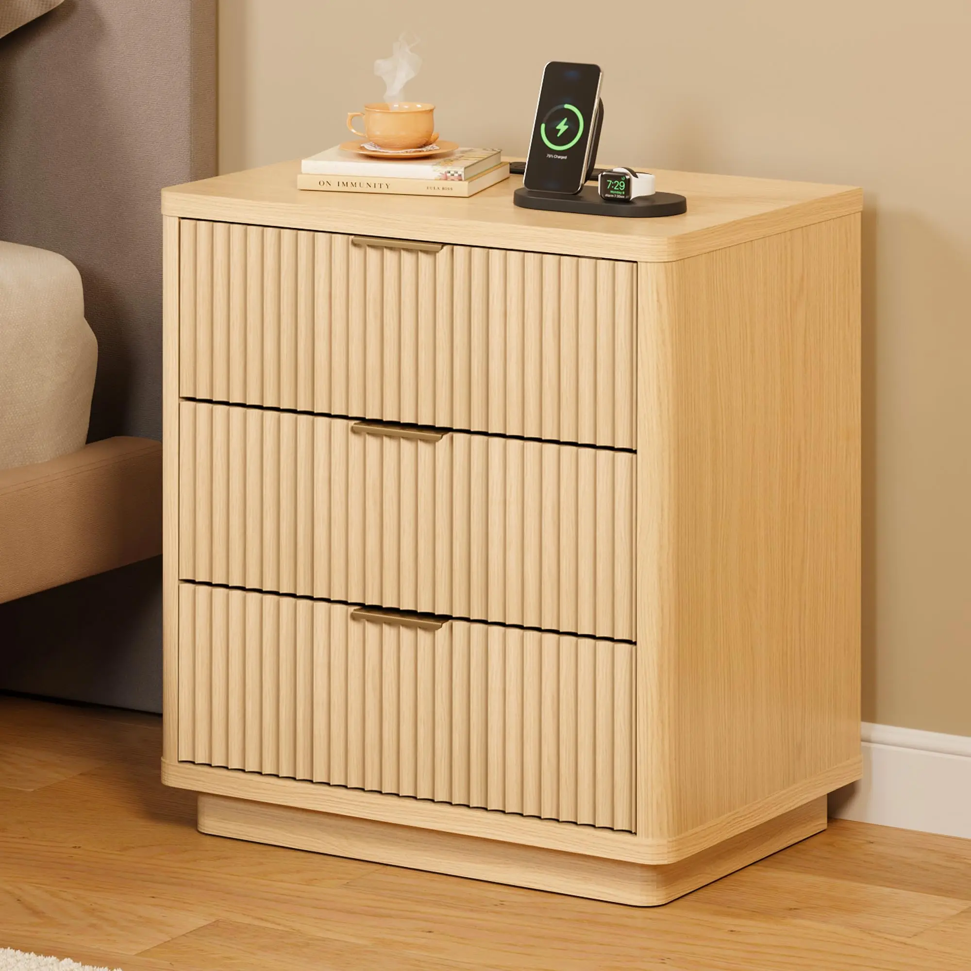 Light Wood Rectangular Nightstand with 3 Drawers, Fluted Pattern, Charging Station, Metal Handles & 170lb Capacity, Smart End Table with Storage, Smart Nightstand