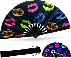 Folding Hand Fan for Rave, UV Glow Fan, Large  Fan for Drag , Women and Men GiftChinese  Clack Fan for Parties, Music Festivals, EDM and Decoration