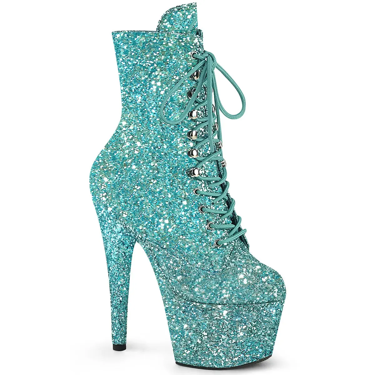 Turquoise Glitter Ankle Boot for Women, Sparkling Fashion Shoe with a 7" Stiletto Heel, 2.75" Platform, Front Lace-Up & Side Zip, Party