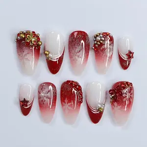 Elevate Holiday Glam with Glittering Sparkling Ombre Red & White Medium Almond Press On Nails, Perfect for Christmas day or Gift for Her
