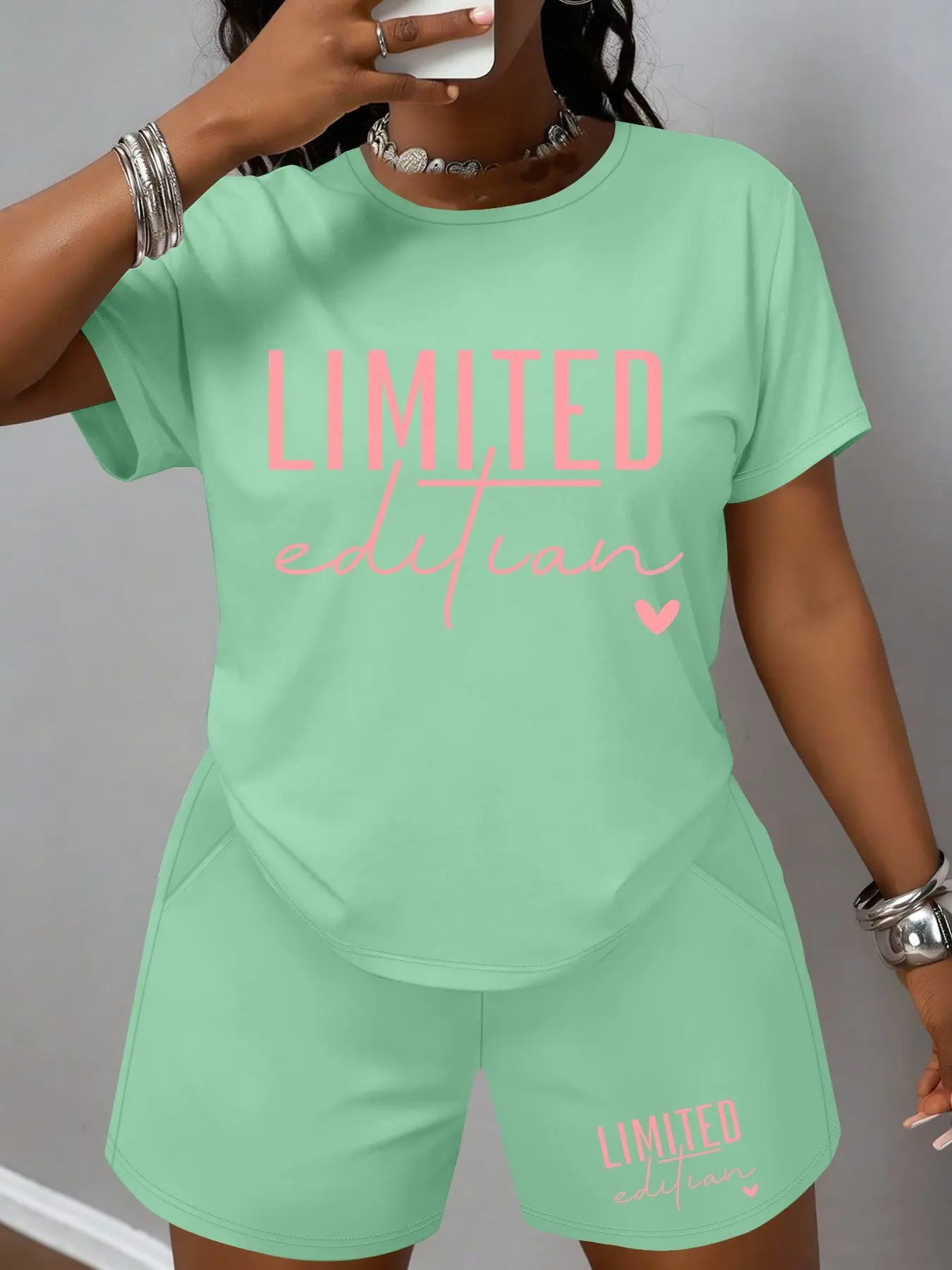 Women's Plus Size Letter Print Short Sleeve Shorts Set, Fashion Summer Sportswear, Athleisure Outfits, Casual Sporty Set, Casual Loose Fit, 2 Piece Set, All Seasons