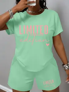 Women's Plus Size Letter Print Short Sleeve Shorts Set, Summer Sportswear, Casual Loose Fit, 2 Piece Set, All Seasons