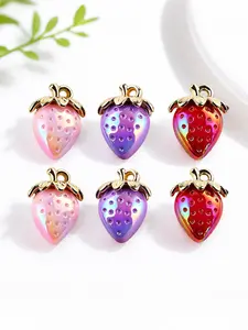 6PCS Gradient Strawberry Charms, Iridescent Resin Fruit Pendants with Gold Trim, Cute Kawaii Jewelry Making Supplies for DIY Bracelets, Necklaces, Earrings, Keychains