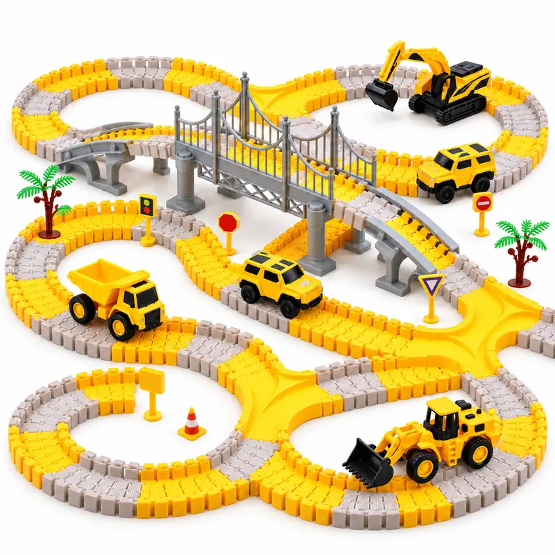 276-Piece Construction Race Track Set with 2 Electric Cars, Flexible Track, Bridge and 3 Work Vehicles