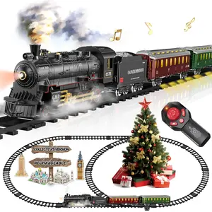 Electric Train Sets Remote Control for Kids Christmas Train Toys Steam Locomotive w/3 Smokes, Glowing Passenger Carriages, Luxury Tracks, Light & Sounds Rechargeable Birthday Gifts for Boys Girls
