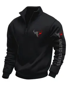 Men's Fall Winter Stand Collar Half-Zip Pullover Sweatshirt, Letter Print Design, Casual Trendy Versatile Top, Fashionable Men's Clothing, Half Zip Sweatshirts