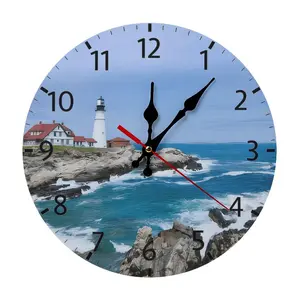 12 Inch Silent Non-Ticking Wooden Wall Clock| Stunning Portland Head Lighthouse & Ocean Wave Print, Battery Not Included, Great Gift for Lighthouse Lovers, Sailors, Perfect for Living Room, Bathroom, Beach House, Coastal Cottage