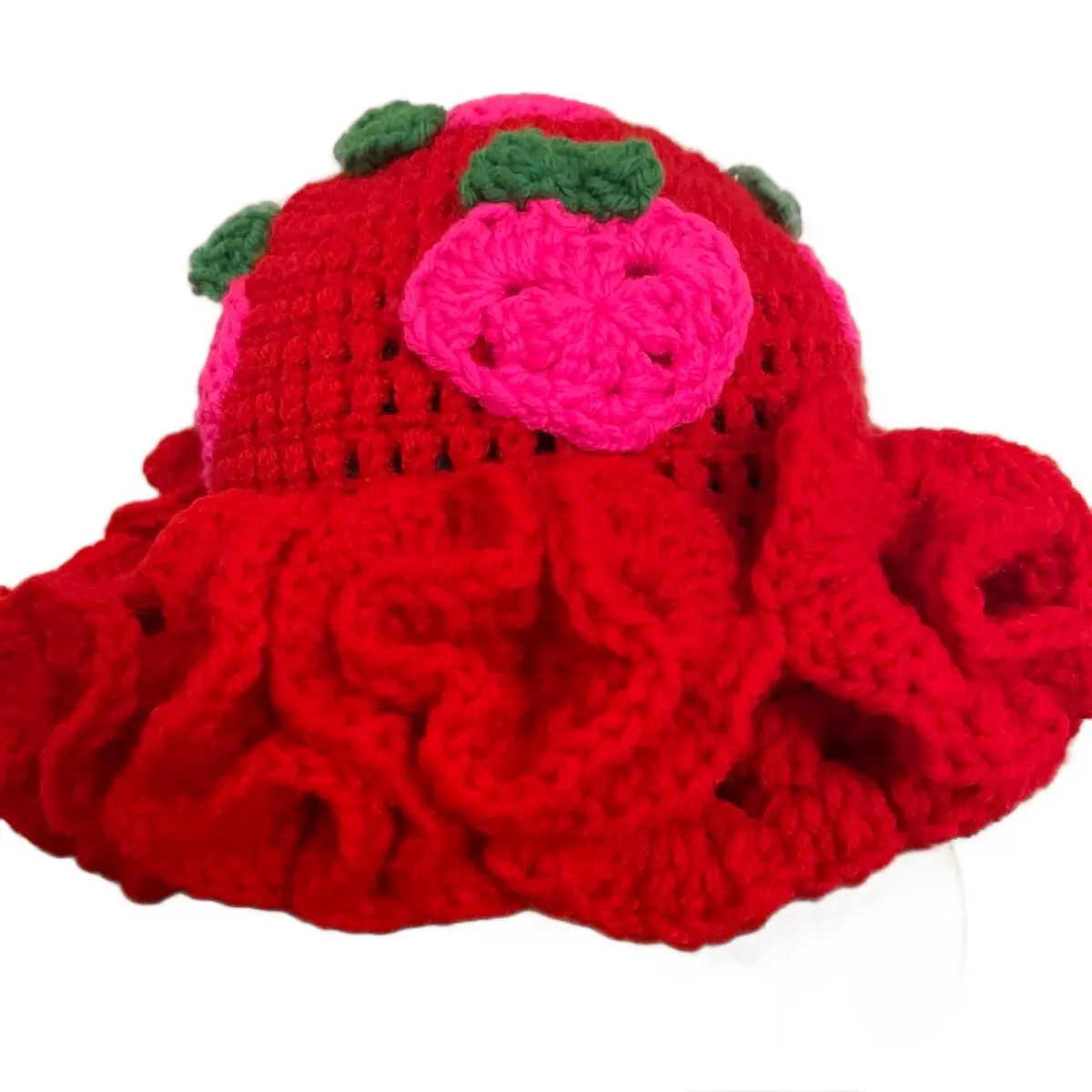 Red Crochet Ruffled Hat with Strawberry Design for Women